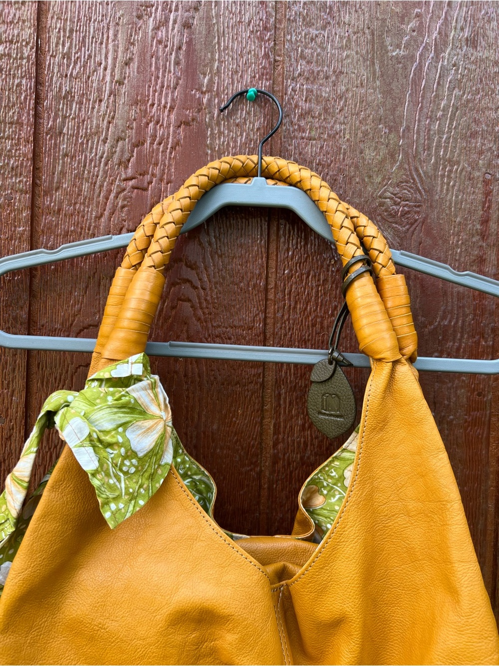 Motherhouse Leather Hobo Shoulder Bag Mustard Yellow Woven Handle Floral Lined - Picture 6 of 10